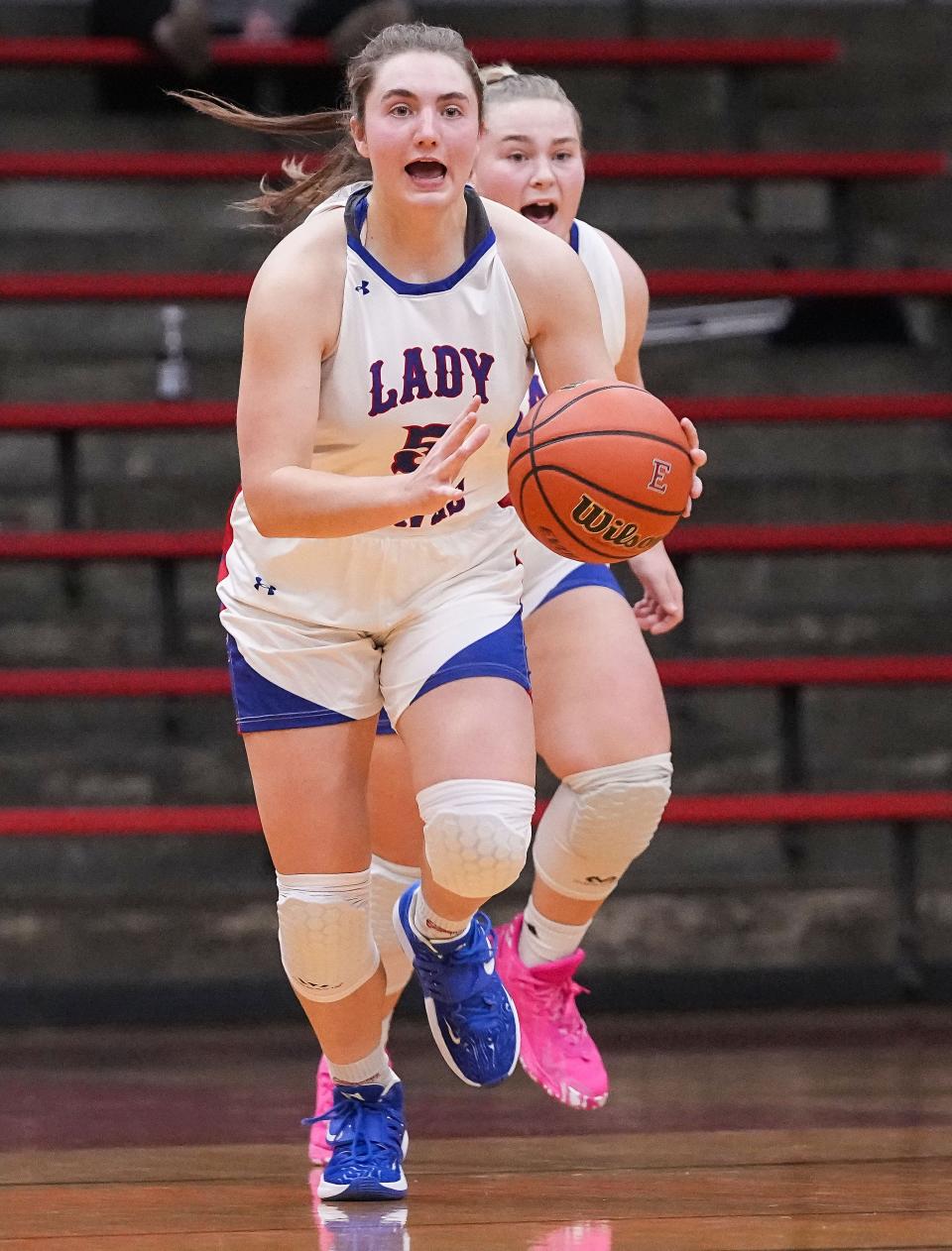 Indian Creek guard Lauren Foster (5) rushes up the court Thursday, Nov 17, 2022 at Edinburgh High School in Edinburgh. Indian Creek defeated the Greenwood Woodmen, 38-19. 