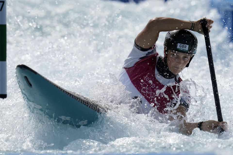 Mallory Franklin of Britain competes in the Women's C1 of the Canoe Slalom at the 2020 Summer Olympics, Thursday, July 29, 2021, in Tokyo, Japan. (AP Photo/Kirsty Wigglesworth)