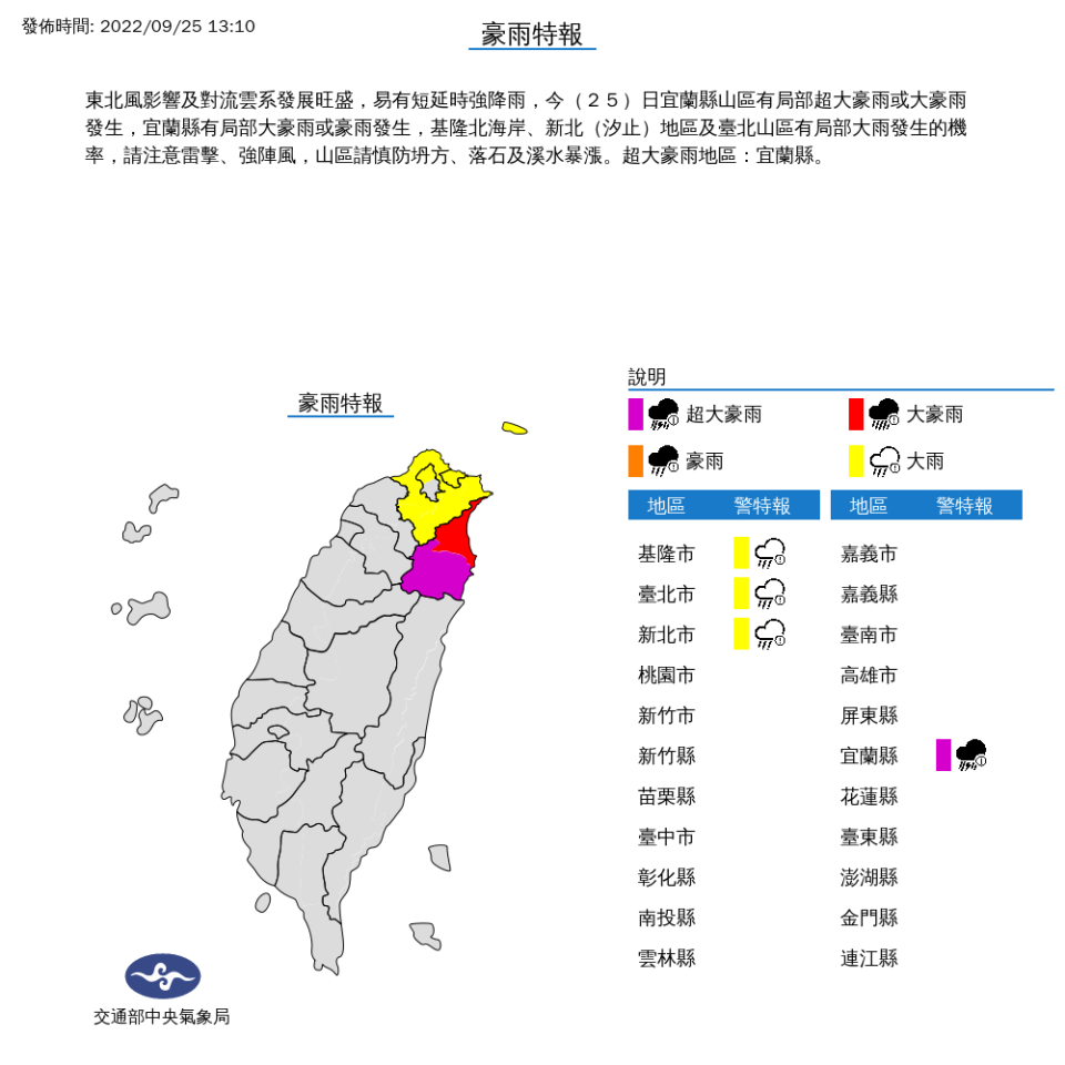 中央氣象局下午 1時10分發布豪雨特報指出，超大豪雨警戒範圍包括宜蘭縣山區，大豪雨宜蘭縣平地，大雨特報警戒範圍包括基隆市、台北市、新北市。（圖／氣象局網站）