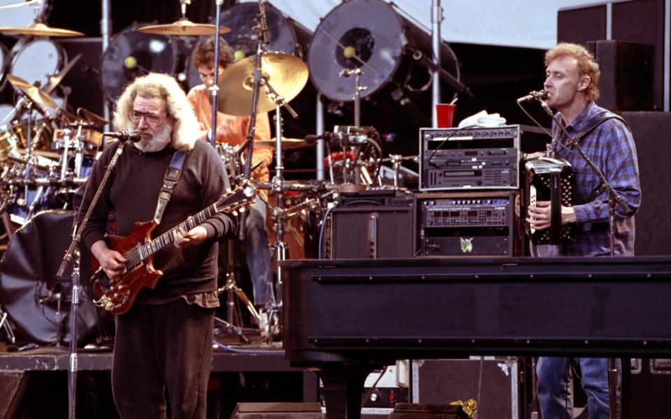 Bruce Hornsby on stage with The Grateful Dead's Jerry Garcia, in 1991 - Getty