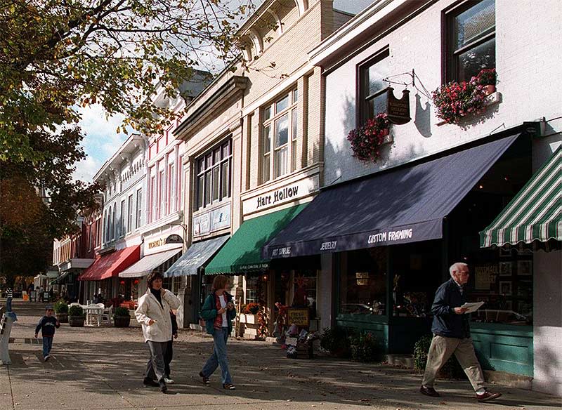 Downtown Granville has New England-style charm with shops and restaurants.