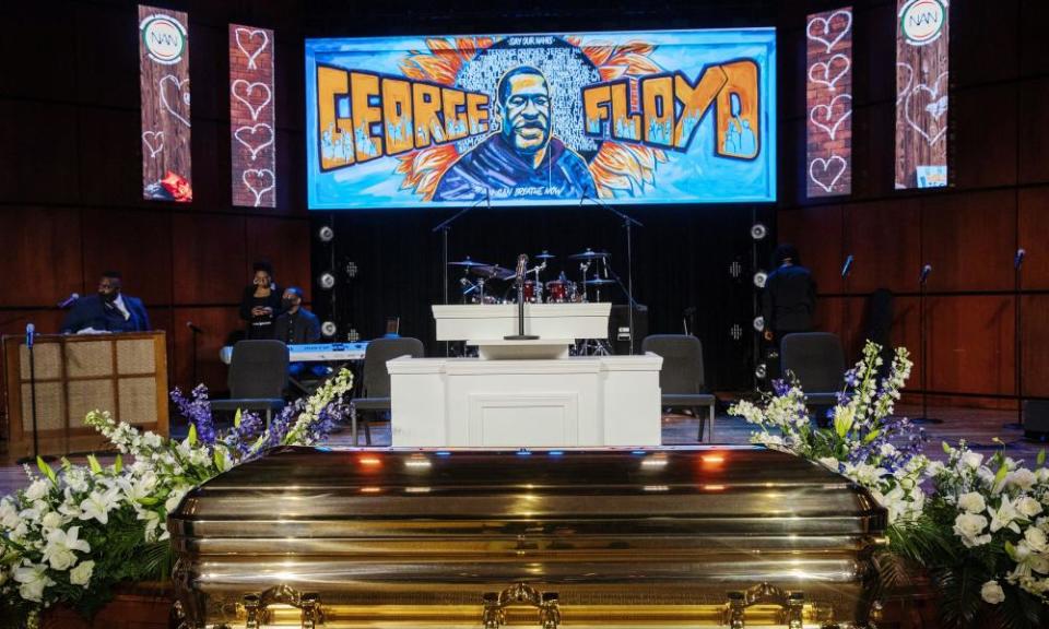 The casket of George Floyd before a memorial service for Floyd following his death in Minneapolis police custody.