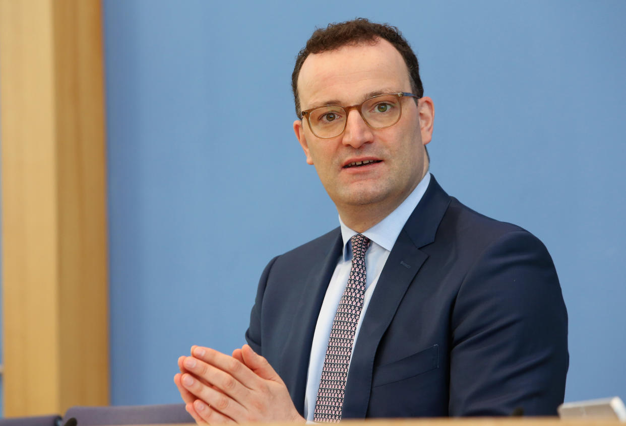 BERLIN, GERMANY - MARCH 26: German Health Minister Jens Spahn speaks to the media to provide an update during the third wave of the coronavirus pandemic on March 26, 2021 in Berlin, Germany. Infection rates have been climbing sharply for weeks due to the spread of the B117 variant. (Photo by Adam Berry - Pool/Getty Images)