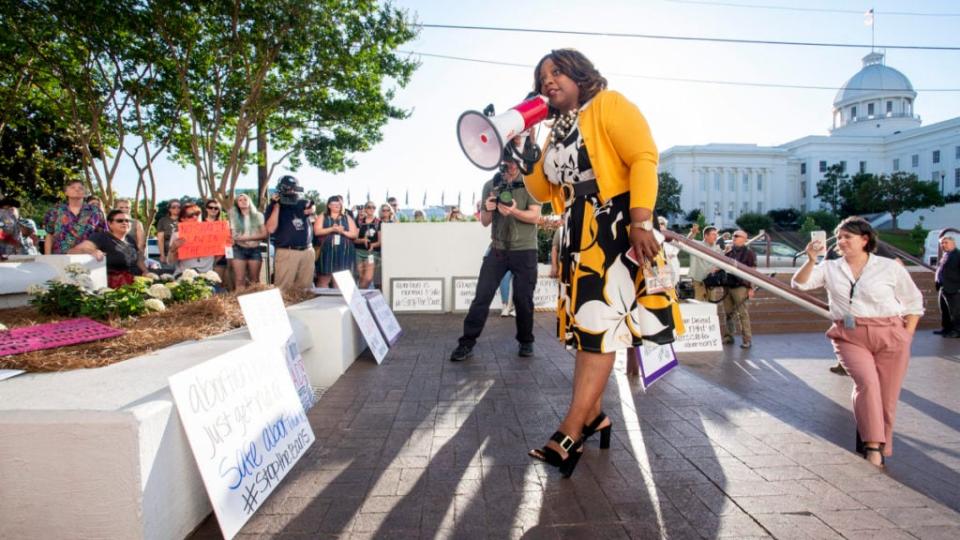 Rep. Merika Coleman speaks during a rally against a ban on nearly all abortions outside of the Alabama State House in Montgomery, Ala., on Tuesday, May 14, 2019. (Mickey Welsh/The Montgomery Advertiser via AP)