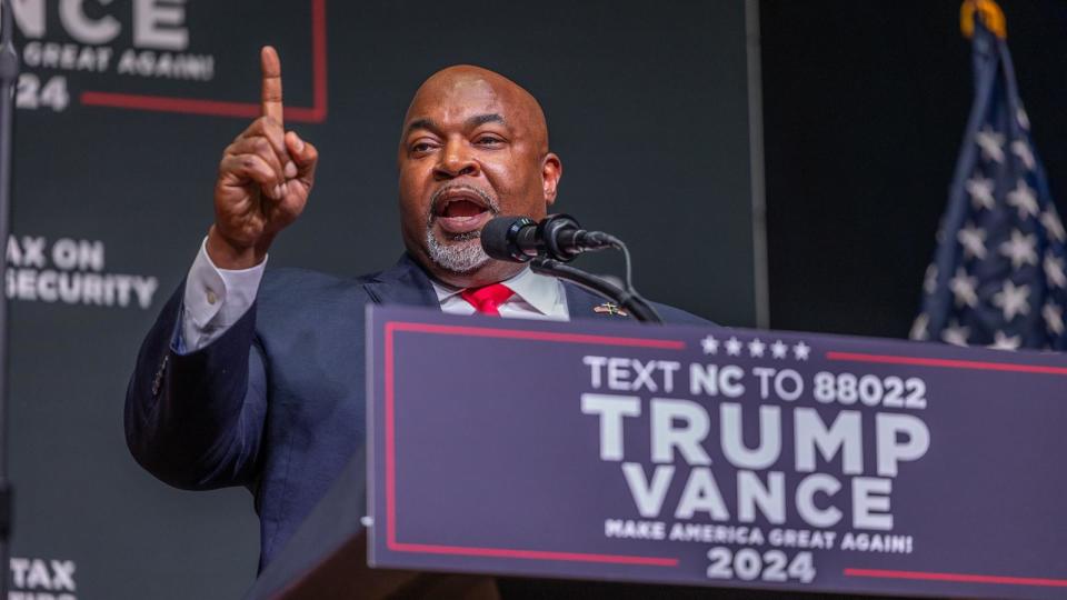  Mark Robinson, Lt. Governor of N.C. and candidate for Governor, delivers remarks prior to Republican presidential nominee former President Trump speaking at a campaign event at Harrah's Cherokee Center on Aug. 14, 2024 in Asheville, N.C. (Grant Baldwin/Getty Images)