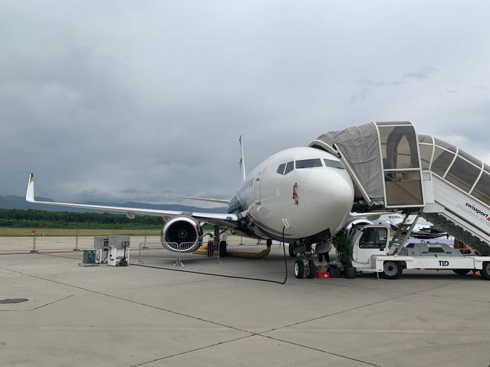 The BBJ private plane at the European Business Aviation Convention and Exhibition in Geneva, May 2022.