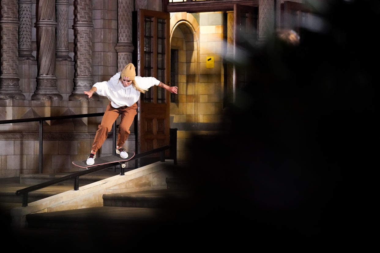 Leticia Bufoni skating at Natural History Museum