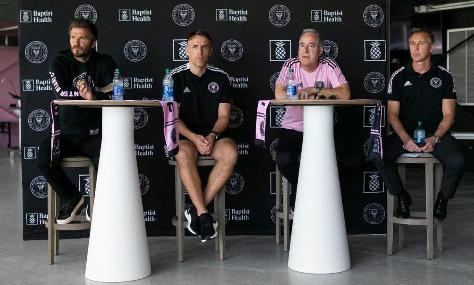 From left to right: David Beckham, Phil Neville, Jorge Mas and Chris Henderson speak to the press during an Inter Miami preseason event at Inter Miami CF Stadium in Fort Lauderdale on Saturday, February 27, 2021.