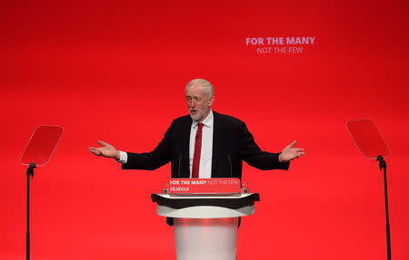 Britain's opposition Labour Party Leader Jeremy Corbyn delivers his keynote speech at the Labour Party Conference in Brighton, Britain, September 27, 2017. REUTERS/Toby Melville