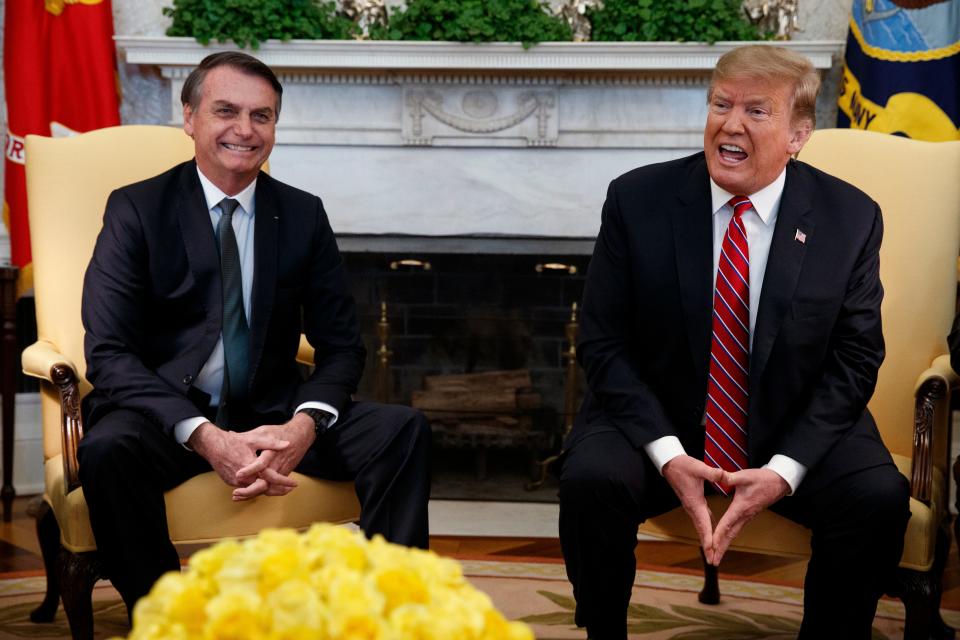 President Donald Trump speaks during a meeting with Brazilian President Jair Bolsonaro in the Oval Office of the White House on March 19, 2019, in Washington.