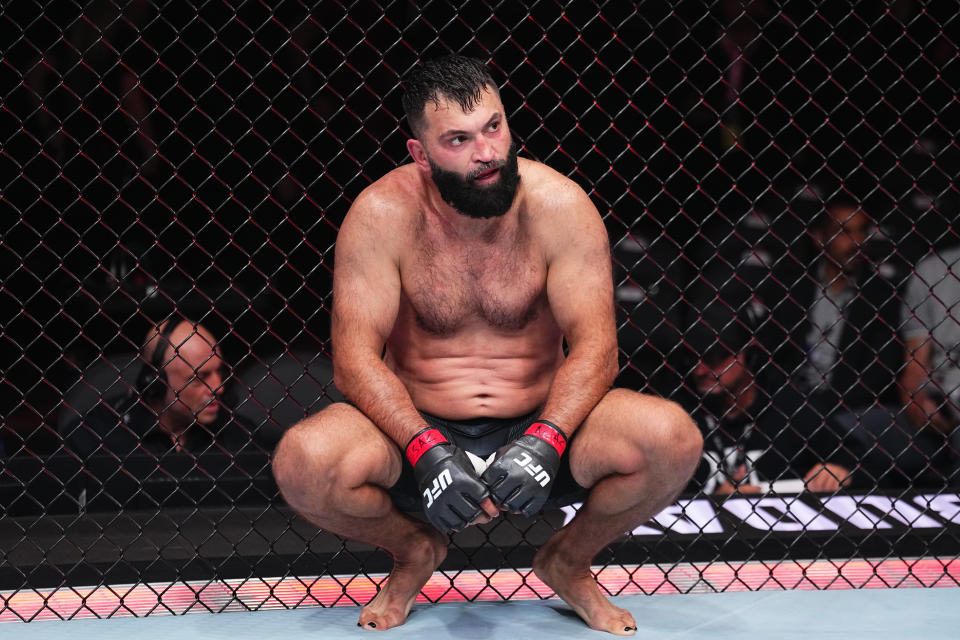 LAS VEGAS, NEVADA - JUNE 29: Andrei Arlovski of Belarus takes a moment after his heavyweight bout against Martin Buday of Slovakia during the UFC 303 event at T-Mobile Arena on June 29, 2024 in Las Vegas, Nevada. (Photo by Jeff Bottari/Zuffa LLC via Getty Images)