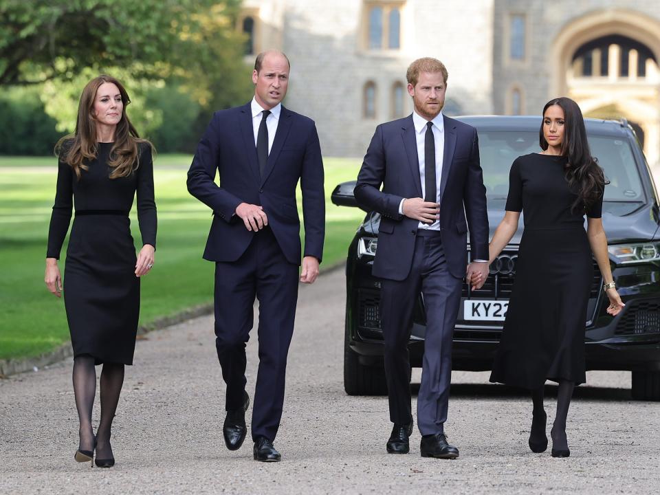 The Prince and Princess of Wales Accompanied By The Duke And Duchess Of Sussex Greet Wellwishers Outside Windsor Castle