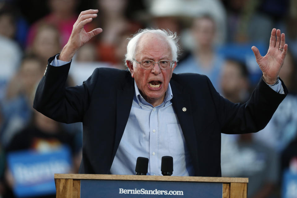 FILE - In this Sept. 9, 2019, file photo, Democratic presidential candidate Sen. Bernie Sanders, I-Vt., speaks during a rally at a campaign rally in Denver. Sanders is still leading a revolution. But his ideas no longer feel quite so revolutionary. He acknowledges that many of his top proposals, which were dismissed as radical in 2016, have been adopted by much of the 2020 Democratic presidential primary field. (AP Photo/David Zalubowski, File)