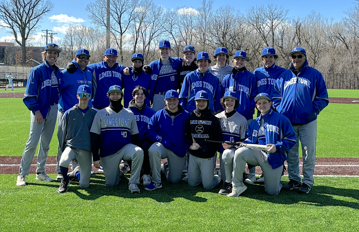 Baseball Hall of Famer Jim Thome, back row third from left, poses for a team photo with his alma mater Limestone during a high school baseball game on Saturday, March 23, 2024, in LaGrange Park, Illinois.