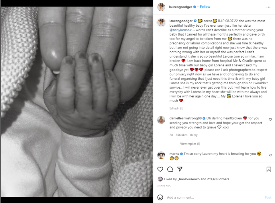 Goodger shared the sad news on Instagram (Lauren Goodger/Instagram)