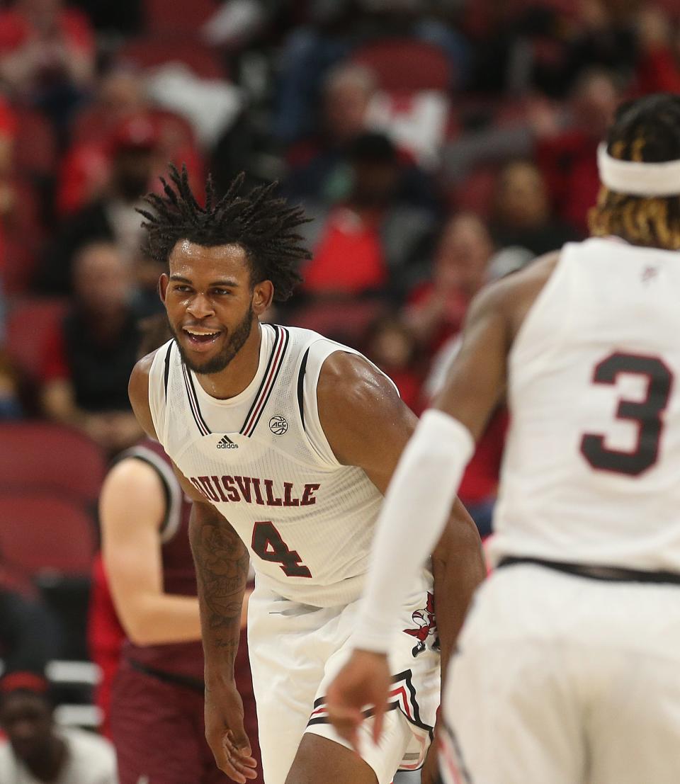 Louisville’s Roosevelt Wheeler celebrates after scoring against Bellarmine.Nov. 9, 2022