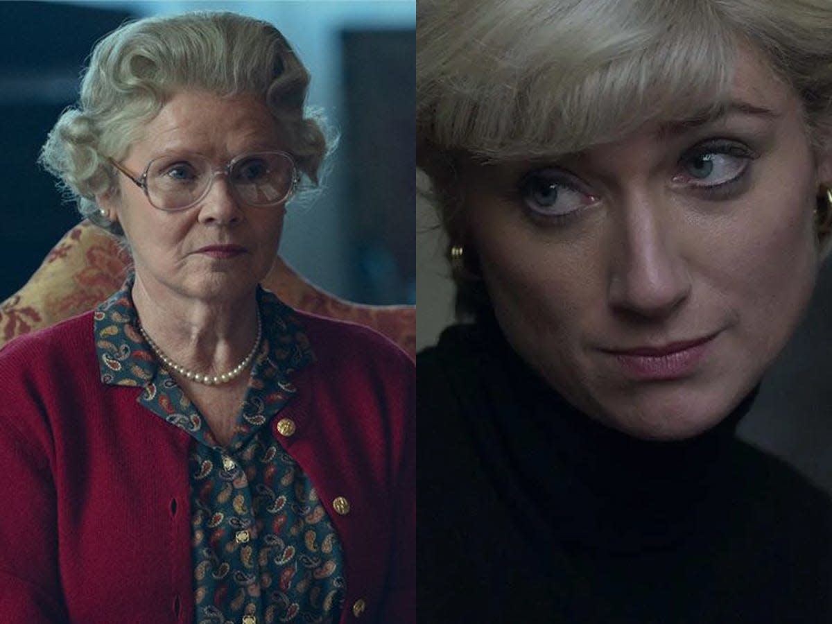 Imelda Saunton as Queen Elizabeth and Elizabeth Debicki as Princess Diana in "The Crown" season six.