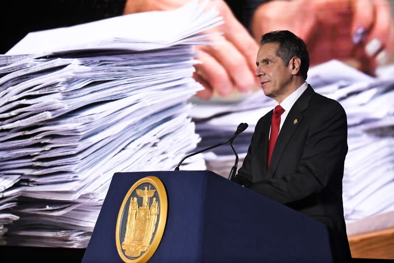 FILE PHOTO: New York Governor Andrew Cuomo delivers his State of the State address virtually from The War Room at the state Capitol in Albany