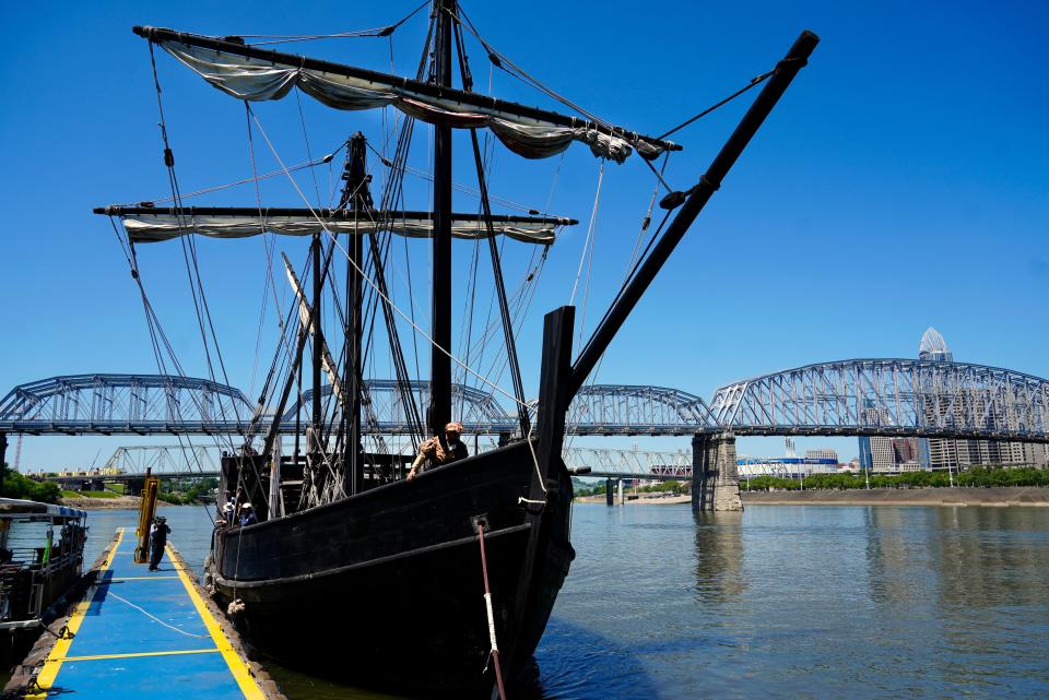 The Pinta docked at Hooters on Riverboat Row in Newport on Wednesday, and opens to the public as a floating museum Friday.