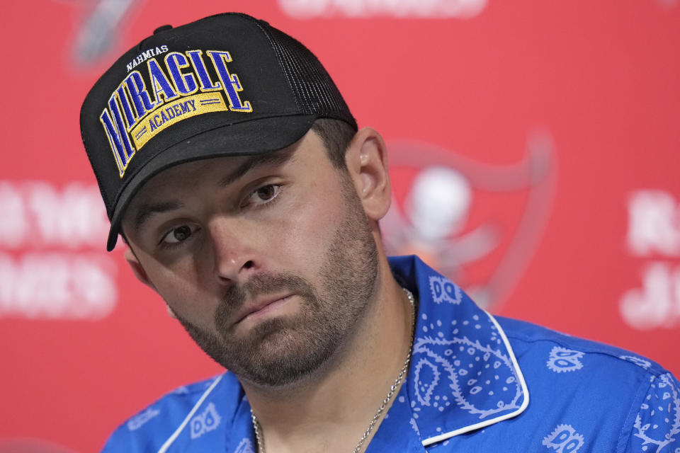 Tampa Bay Buccaneers quarterback Baker Mayfield listens to a question at a news conference after an NFL football game Atlanta Falcons Sunday, Oct. 22, 2023, in Tampa, Fla. (AP Photo/Chris O'Meara)