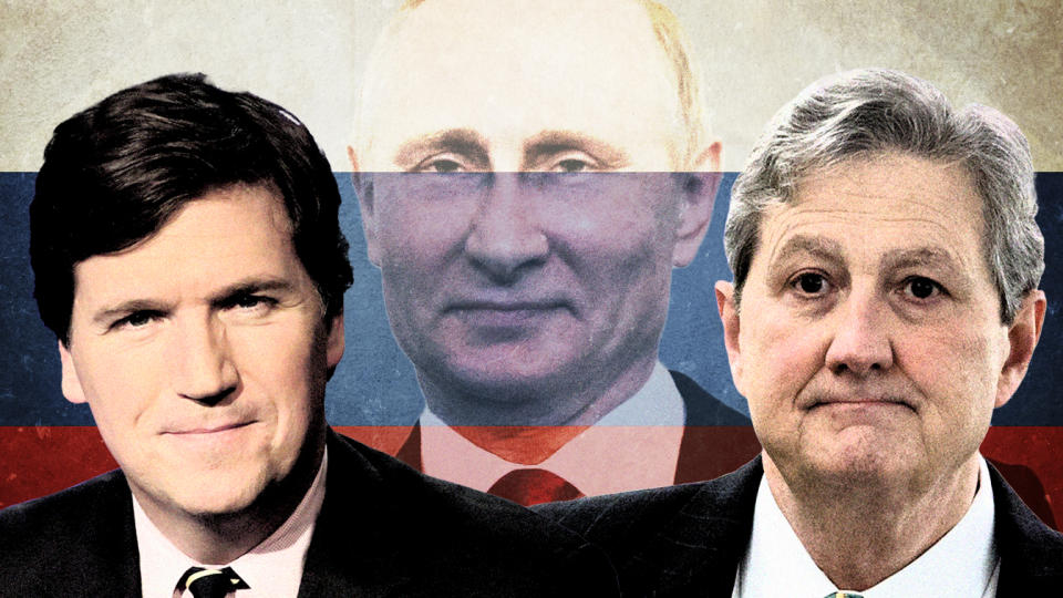 From left, Tucker Carlson, Vladimir Putin and John Kennedy