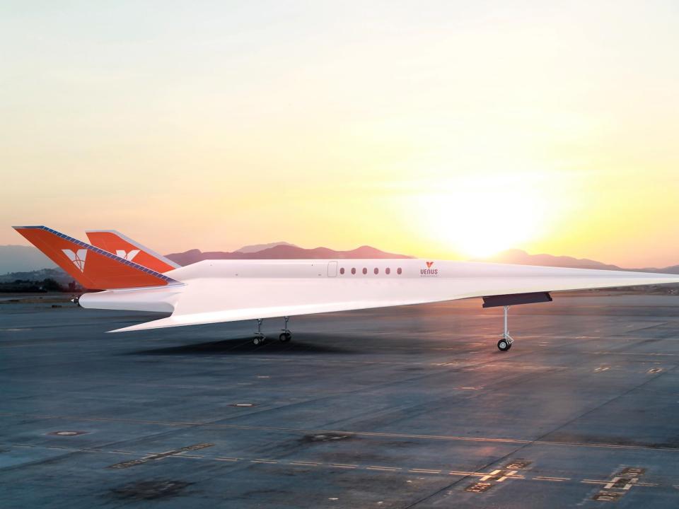 A concept image of a Stargazer on a runway with its landing gear down with the sun in the background.