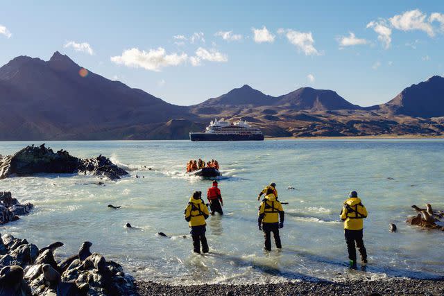 <p>Carol Sachs</p> Guides meet passengers on a shore excursion to Whistle Cove, in Fortuna Bay; the Charcot is in the background.