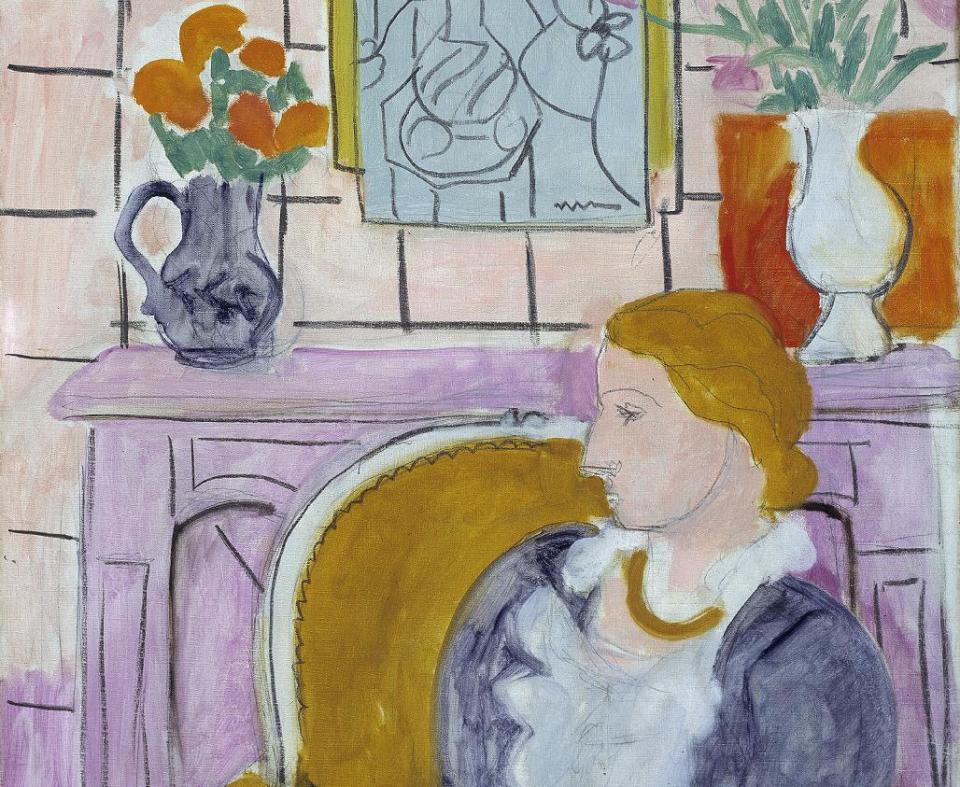 FILE - This undated file photo released by Henie Onstad Kunstsenter on Friday, April 5, 2013, shows the painting "Woman in Blue in Front of a Fireplace," circa 1937 by Henry Matisse. A Norwegian museum says it has agreed to return a Matisse once looted by Hermann Goering to the family of Jewish art dealer Paul Rosenberg. The 1937 painting, "Woman in Blue in Front of a Fireplace," has been the centerpiece of the Henie Onstad Art Center near Oslo since the museum was established in 1968 by shipping magnate Niels Onstad and his wife, Olympic figure-skating champion Sonja Henie. The museum said in a statement Thursday that although it acquired the painting in good faith, it has "chosen to adhere to international conventions and return the painting to Rosenberg's heirs." (AP Photo/Oystein Thorvaldsen, Henie-Onstad Art Centre)