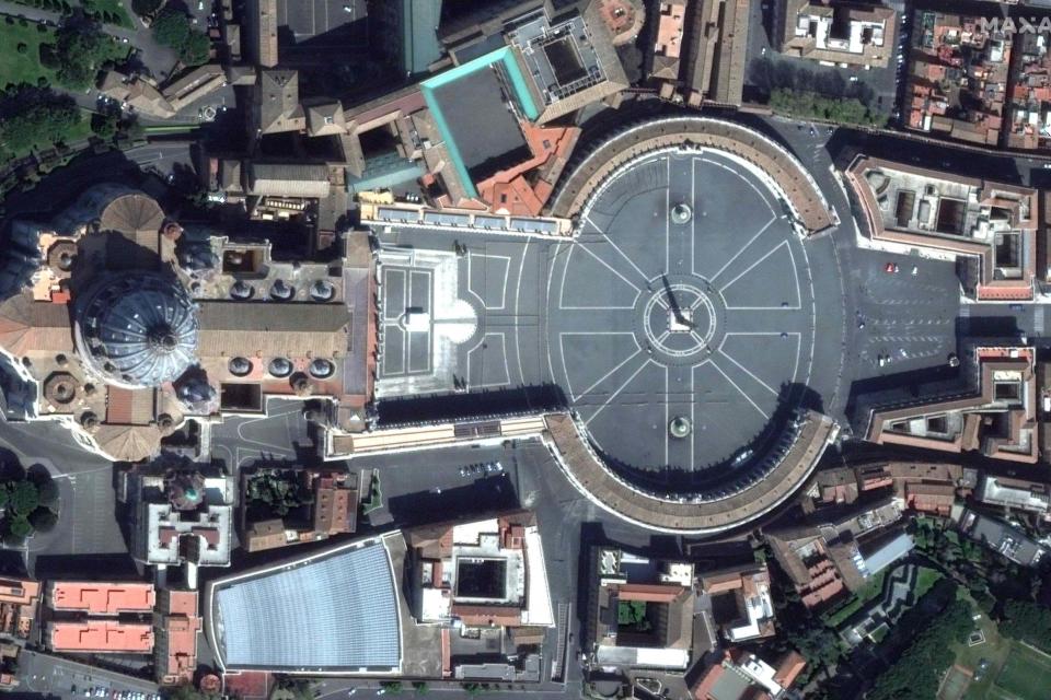 St. Peters Square and the Basilica in Rome on Palm Sunday April 5, 2020. (Satellite image Â©2020 Maxar Tech)