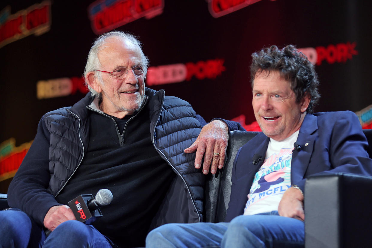 NEW YORK, NEW YORK - OCTOBER 08: Actors Christopher Lloyd (L) and Michael J. Fox attend a 