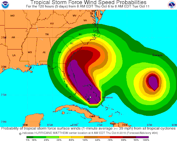 NHC's 4 p.m. ET update on Thursday shows odds of tropical storm force winds (39 miles per hour) or greater.