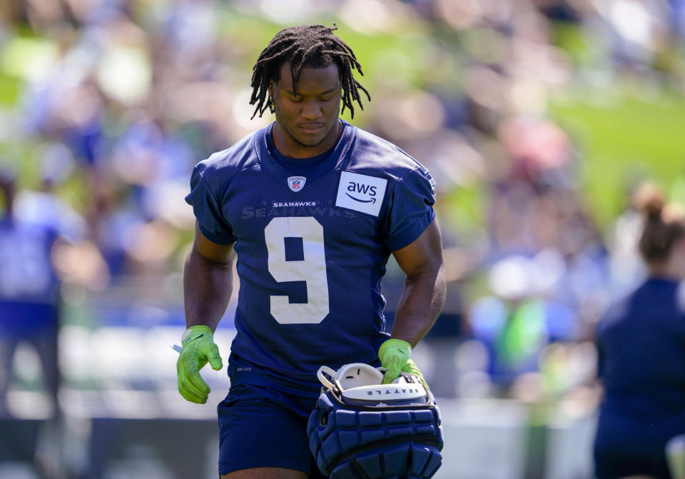 Seattle Seahawks running back Kenneth Walker III jogs on the field during the NFL football team's training camp Wednesday, July 26, 2023, in Renton, Wash. (AP Photo/Lindsey Wasson)