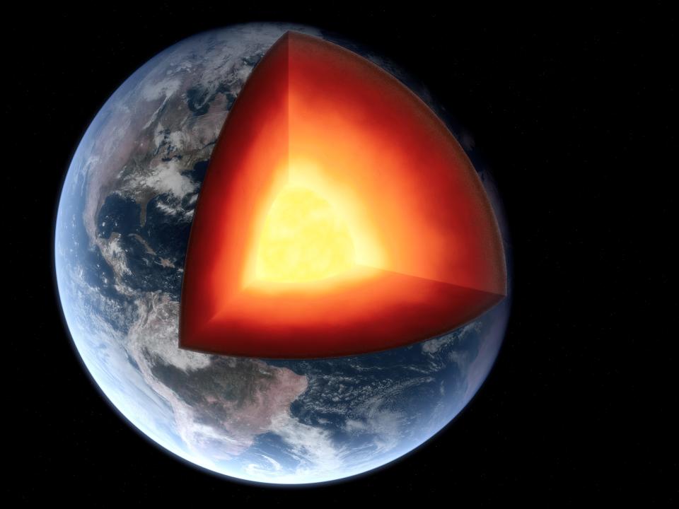 A 3D rendering of the Earth's layers, including its core.
