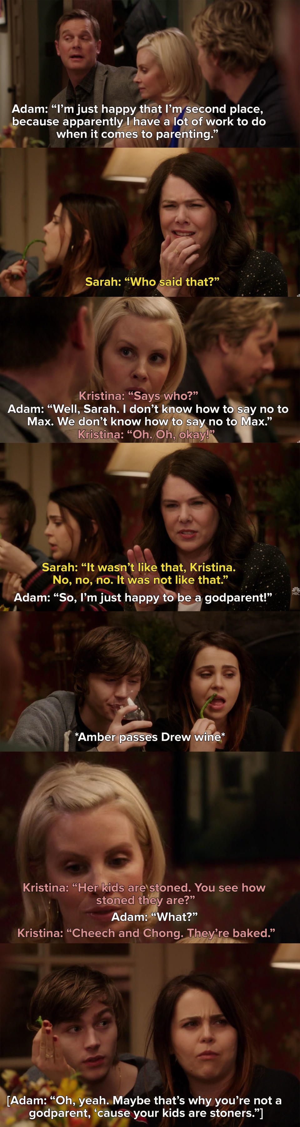 Adam says he's just happy he's second place since Sarah told him and Kristina they don't know how to say no to Max, Kristina points out that Drew and Amber are stoned, Adam says maybe Sarah isn't anyone's godparent because her kids are stoners