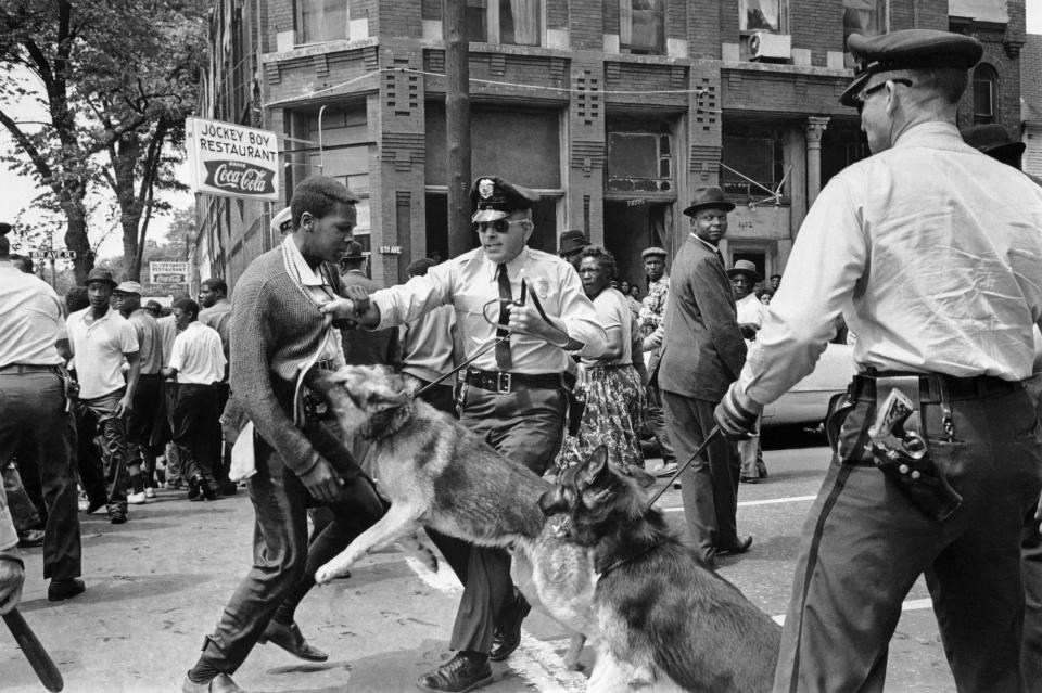 Walter Gadsden, 17, defies an anti-parade ordinance of Birmingham, Ala., and is attacked by a police dog May 3, 1963. Such images from the civil rights movement played a big role in turning the nation's attention to the plight of African Americans and contributed to the passage of laws meant to give people of color more rights.