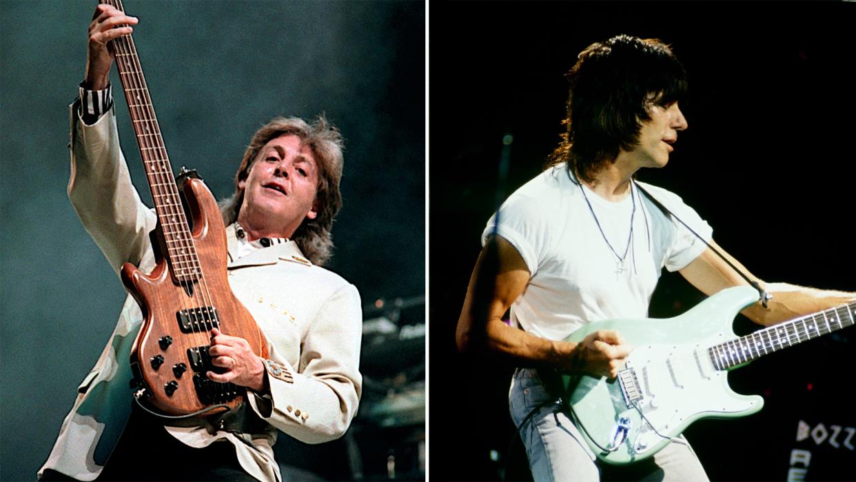  Paul McCartney (left) and Jeff Beck, performing onstage. 