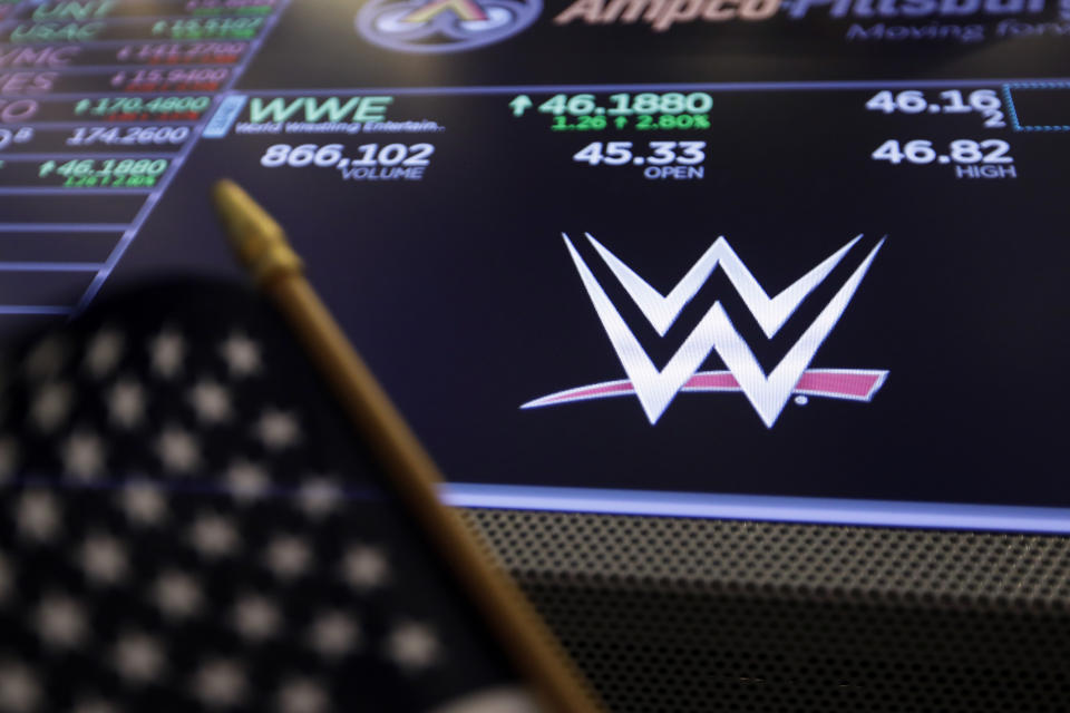 FILE - The logo for World Wrestling Entertainment, Inc., WWE, appears above a trading post on the floor of the New York Stock Exchange, Tuesday, Feb. 18, 2020. Vince McMahon is voluntarily stepping back from his roles as CEO and chairman at WWE, Friday, June 17, 2022, as the sports entertainment company performs an investigation into alleged misconduct related to a relationship with a former employee. (AP Photo/Richard Drew, File)