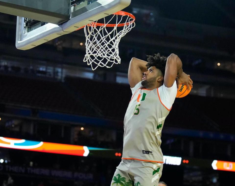 Mar 31, 2023; Houston, TX, USA; Miami Hurricanes forward Norchad Omier (15) during a practice session the day before the Final Four of the 2023 NCAA Tournament at NRG Stadium. Mandatory Credit: Robert Deutsch-USA TODAY Sports