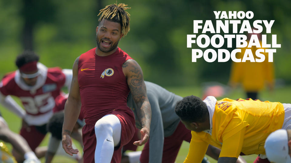 On the latest Yahoo Fantasy Football Podcast, Liz Loza and Matt Harmon discuss players they think are being drafted well ahead of their value, including Washington RB Derrius Guice. (Photo by John McDonnell/The Washington Post via Getty Images)