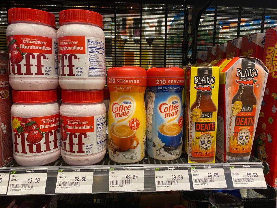 assortment of american products on the shelf of an irish grocery store