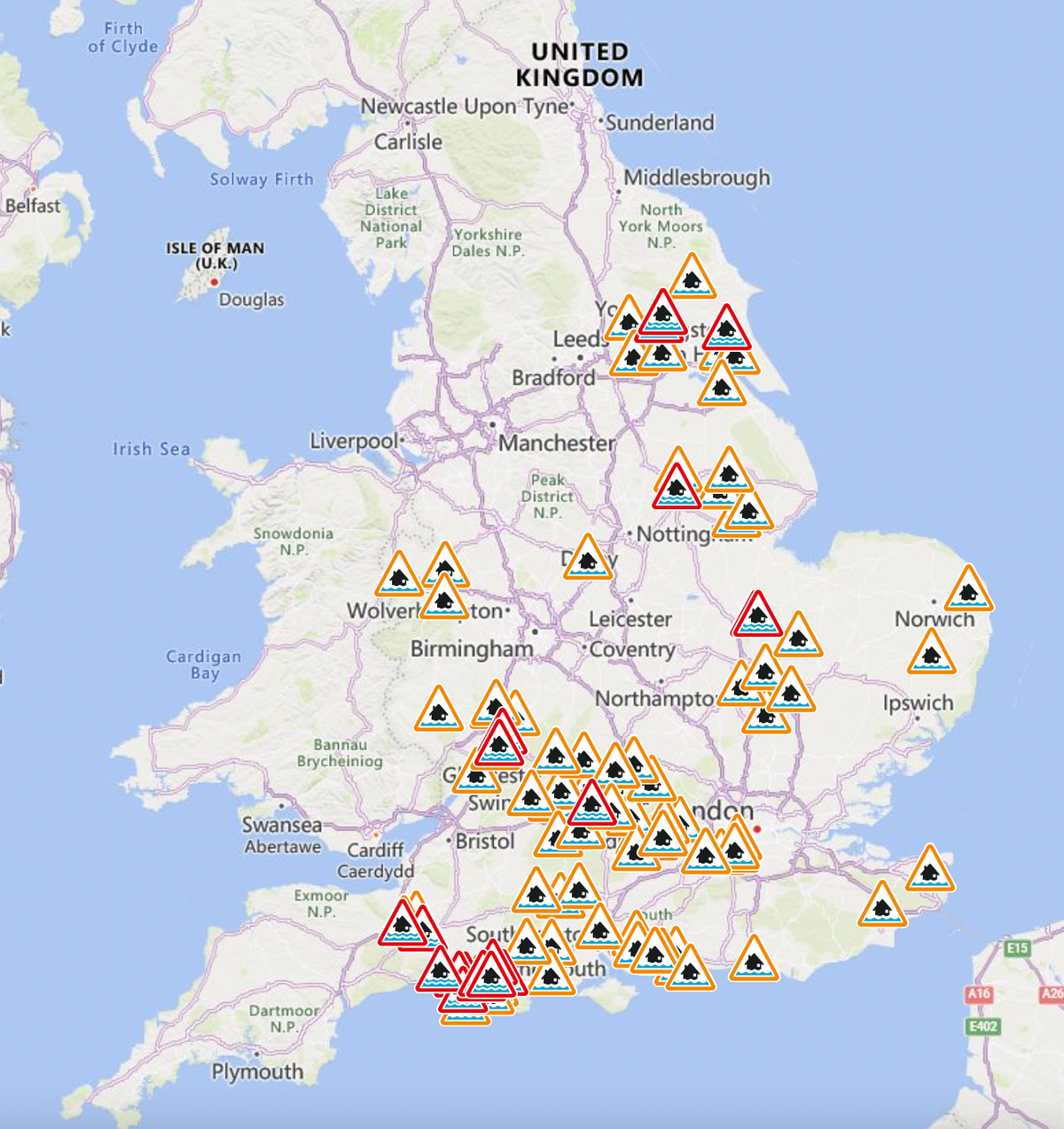 There are 20 flood warnings and 84 flood alerts in place across the UK (The Environment Agency)