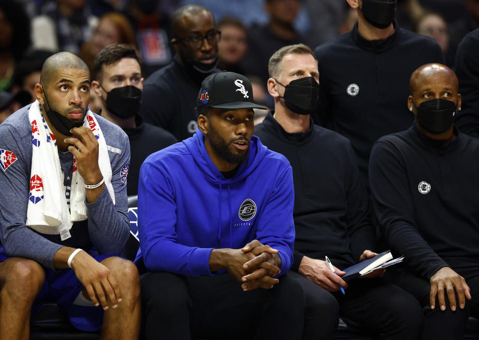 Kawhi Leonard of the Los Angeles Clippers sits on the bench during a game this season.