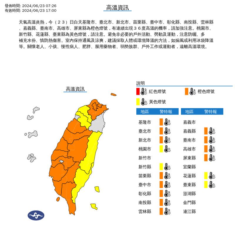 中央氣象署針對16縣市發布高溫特報。（圖／中央氣象署）