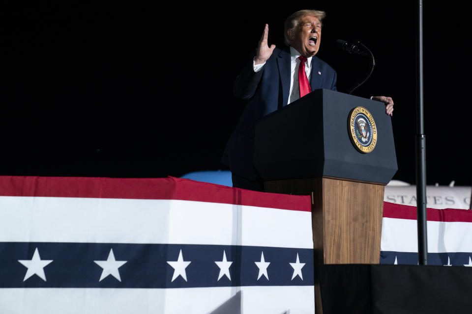 President Donald Trump speaks during a campaign rally at Orlando Sanford International Airport, Monday, Oct. 12, 2020, in Sanford, Fla. (AP Photo/Evan Vucci)