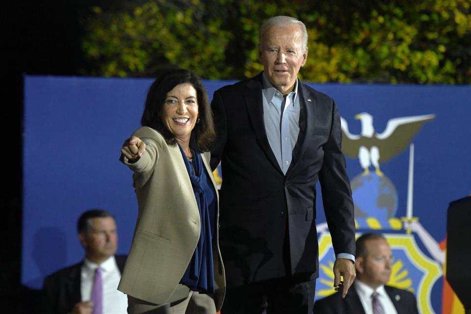 President Joe Biden speaks at a rally for New York Gov. Kathy Hochul and other state Democrats on Nov. 6, 2022, in Yonkers, New York. Hochul faces Republican Lee Zeldin in Tuesday's general election.