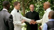 <p>One of (if not) the first same-sex weddings was featured on HBO's <em>Six Feet Under, </em>in the series finale of the show. The show was also one of the first to showcase a gay male lead, but the character (played by Michael C. Hall) doesn't get his happy ending until a dream sequence at the end of the show, which is intended to flash forward into the future. </p><p>While almost all same-sex weddings on television until this point were small civil unions, commitment ceremonies, and the like, David's wedding to Keith (played by Mathew St. Patrick) on <em>Six Feet Under</em> was iconic for many reasons—from it's formality to the two being married by a religious officiant.</p>