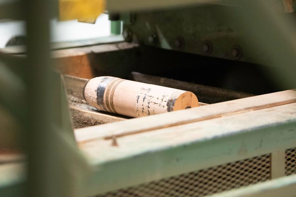 A heat treated munition rolls off the line for disposal at the Pueblo Chemical Agent-Destruction Pilot Plant (PCAPP) on Thursday, June 8, 2023.