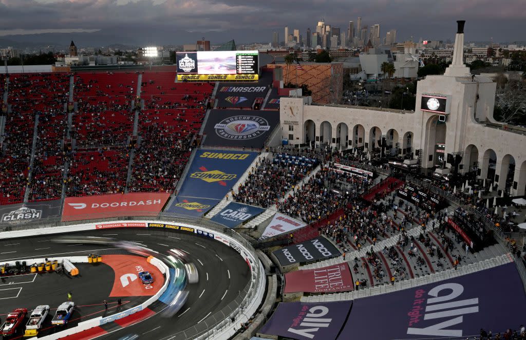 los angeles, ca february 05 drivers lap the specifically built quarter mile oval during the early laps of the nascar busch light clash at the los angeles memorial coliseum in los angeles on sunday, feb 5, 2023 photo by will lestermedianews groupinland valley daily bulletin via getty images