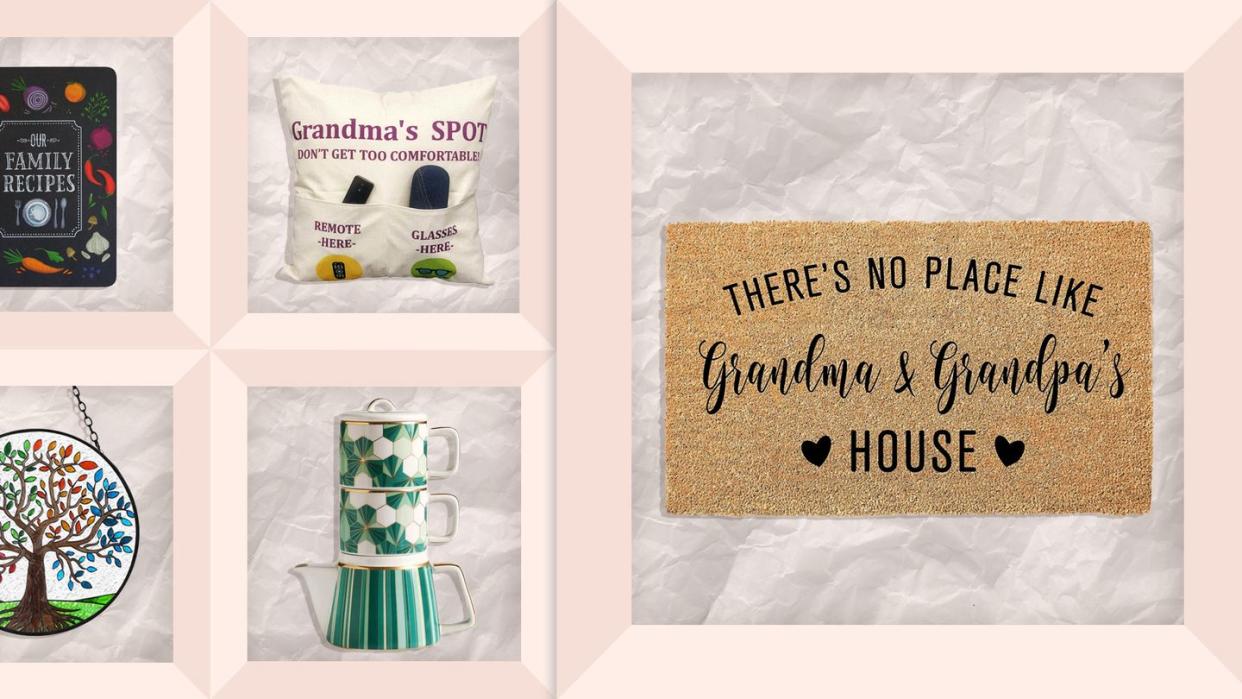 my family recipes book, grandmas spot pillow cover, no place like grandma and grandpas doormat, tea set, tree of life hanging art