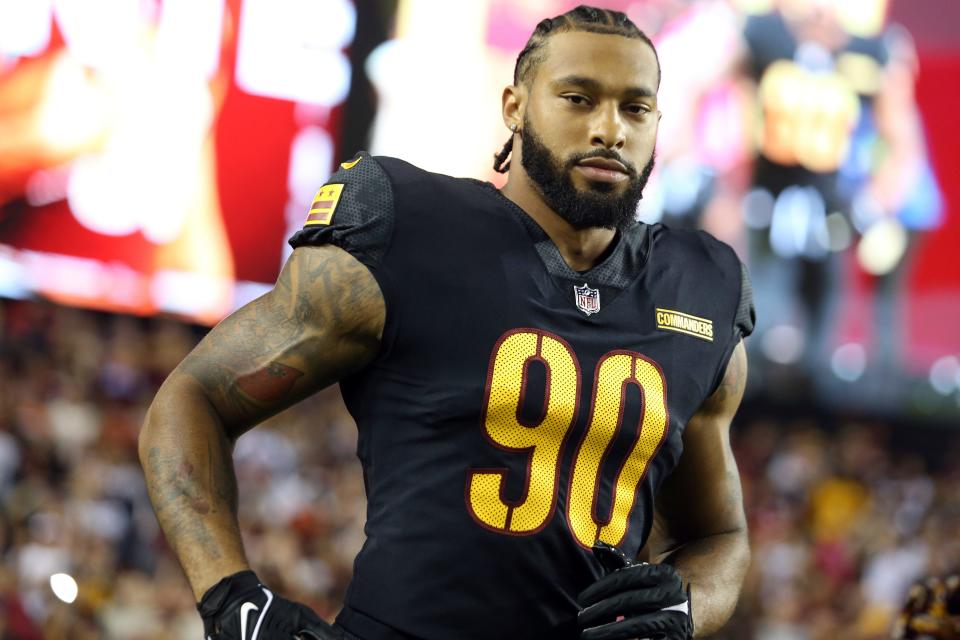 Washington Commanders defensive end Montez Sweat (90) pictured before an NFL football game against the Chicago Bears, Thursday, October 5, 2023 in Landover, Maryland.